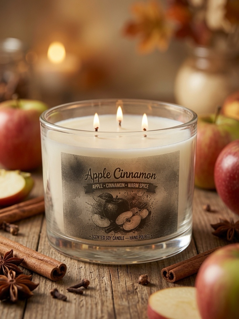 16oz Apple Cinnamon Fall Scented 3-Wick Soy Wax Candle - Picture 2 of 2